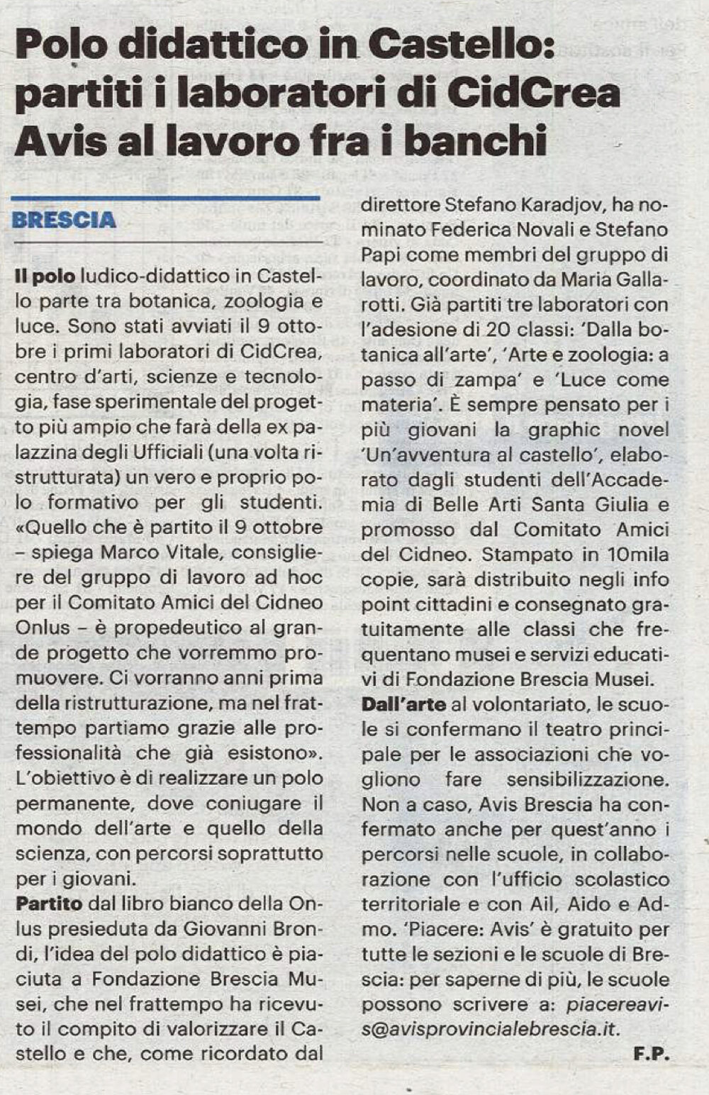 Polo didattica in Castello: partiti i laboratorio di CidCrea Avis al lavoro fra i banchi.